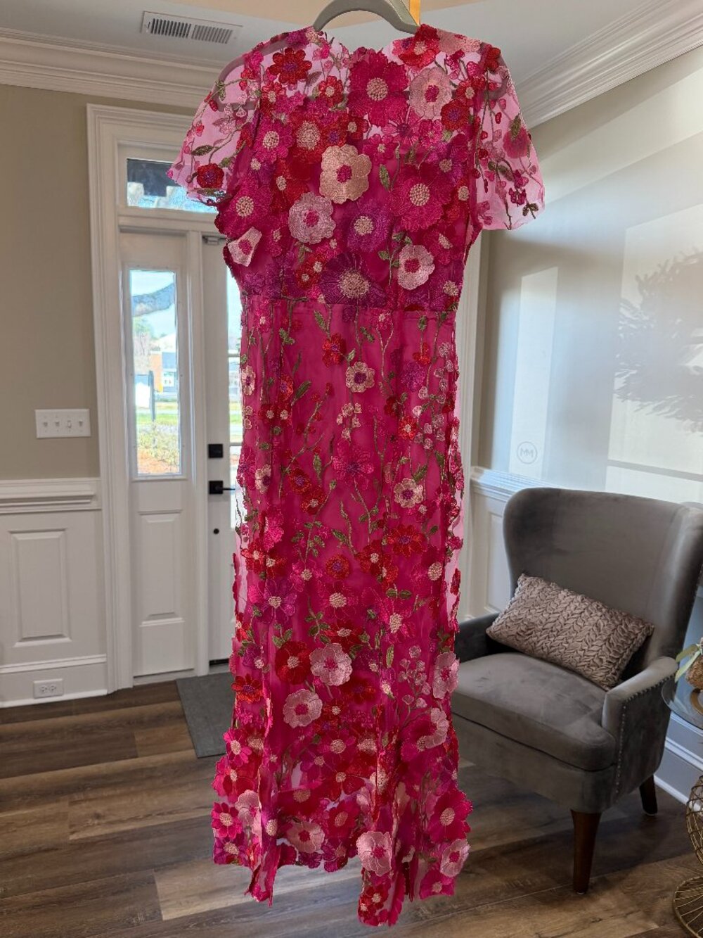 Women's Summer Short Sleeve Sheer Dress with Floral Embroidery